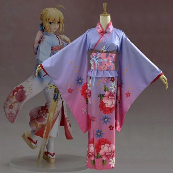 Anime Fate Saber Cospaly Kimono Women's Yukata Purple Long Sleeves Japanese Kimono