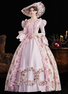Blue Yellow Pink Printed Long Flare Sleeve Floor Length Masquerade Ball Dress