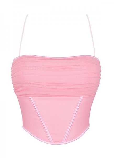 Spaghetti Straps Stretch Pleated Mesh Overbust Corset Top
