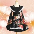 Fashion Printed Japanese Lolita Dress Black Kimono Cosplay Costume Maid Servant Dresses 5 Pieces