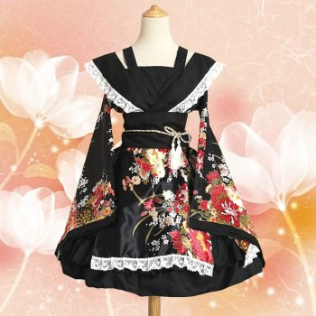 Fashion Printed Japanese Lolita Dress Black Kimono Cosplay Costume Maid Servant Dresses 5 Pieces