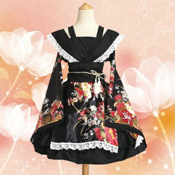 Fashion Printed Japanese Lolita Dress Black Kimono Cosplay Costume Maid Servant Dresses 5 Pieces