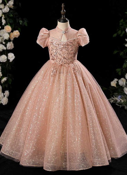 Kids Princess Sequin Tulle Wedding Dress Flower Girls Party Ball Gown