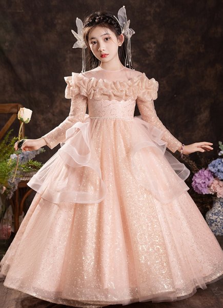 Little/Big Girls Long Sleeve Mesh Sequin Flower Dress