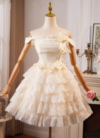 Champagne Off the Shoulder Tiered Short Birthday Cocktail Dress