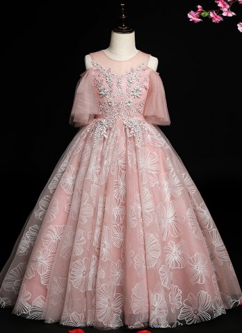 Flower Girl Embroidery Flutter Sleeve Print Tulle Prom Homecoming Dresses