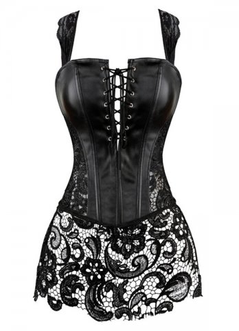 Fancy Black Leather Bustier Corset Women Lace Sexy Dress