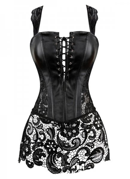Fancy Black Leather Bustier Corset Women Lace Sexy Dress