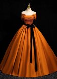 Orange Satin Sequin Long Prom Ball Gown Dress