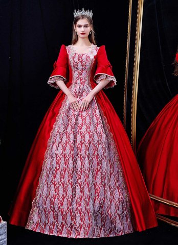 シンプルな赤いレースの結婚式| 誕生日| クリスマスパーティードレスガウン再現劇場服