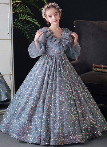 Princess Long Sleeve Sequin Ruffle Gray Dress