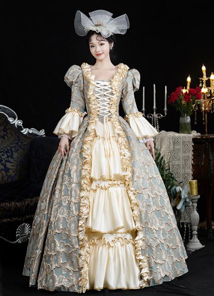 Victorian Blue Flower Jacquard Masquerade Party Dress Theater Clothing