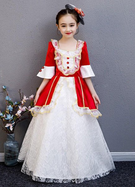 Girls Red Historical Long Lace Dress Children Marie Antoinette Dress