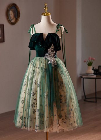 Green Velvet Ruffle Spaghetti Straps Party Dress