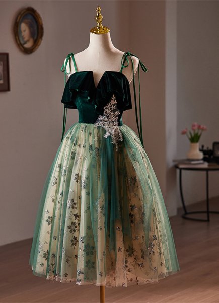 Green Velvet Ruffle Spaghetti Straps Party Dress