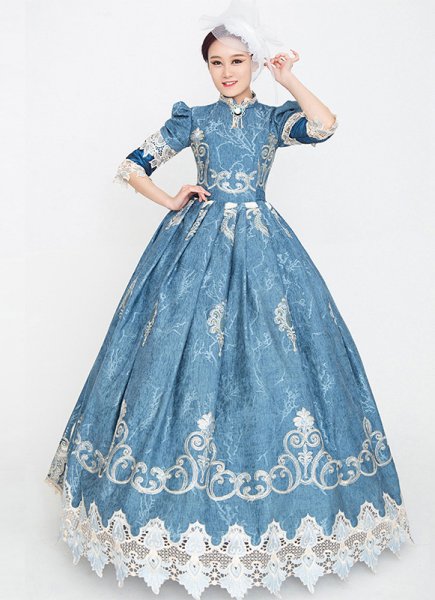 ブルーフローラルロココマリーアントワネットドレスヴィンテージロココ写真服再現コスチューム