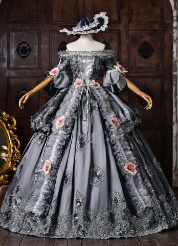 Customized Gray Brocade Off the Shoulder Marie Antoinette Ball Gown Short Sleeve Flower Lace Rococo Holiday Party Dress