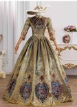 Vintage Gold Floral Patterns Brocade Masquerade Dress High Neck Long Sleeve Embroidered Floor Length Historical Costume