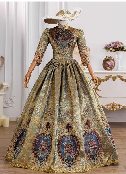 Vintage Gold Floral Patterns Brocade Masquerade Dress High Neck Long Sleeve Embroidered Floor Length Historical Costume