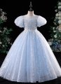 Children Blue Puff Sleeve Sequin Prom Homecoming Formal Dress