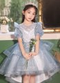 Children Flower Girls Short Sleeve Mini Tailed Dresses