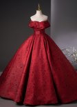 Vintage Burgundy Off Shoulder Jacquard Formal Evening Dress