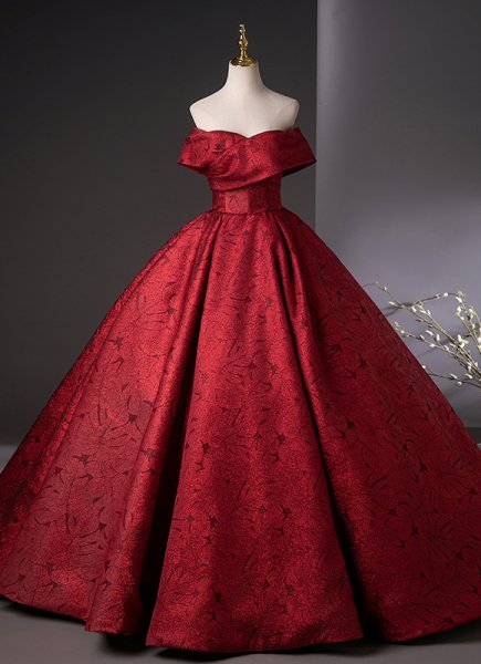 Vintage Burgundy Off Shoulder Jacquard Formal Evening Dress
