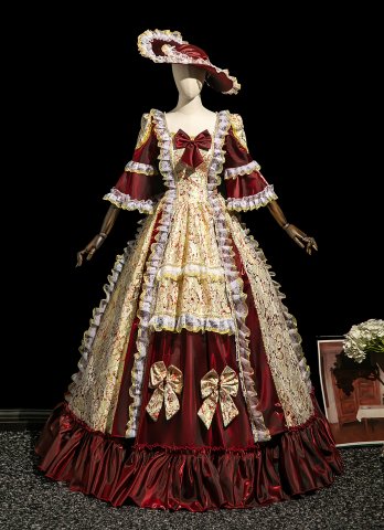 Elegant Rococo Vintage Burgundy Taffeta and Gold Floral Jacquard Masked Prom Dress Half Sleeves Bow Lace Christmas Dress