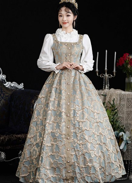 Two Piece Set Medieval Blue Vintage Women Princess Daily Dress Theater Drama Gown