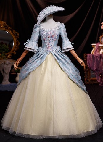 Noble Renaissance Vintage Blue Floral Jacquard Masked Prom Dress Lace Flower Half Sleeve Long Formal Ball Dress