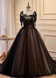 Black A-line Long Tulle Prom Dress with Bowknot
