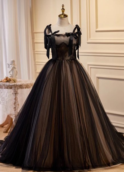 Black A-line Long Tulle Prom Dress with Bowknot
