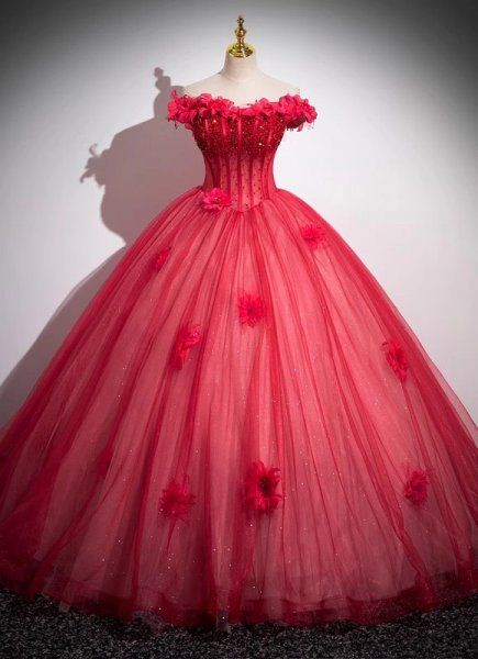 Red Appliques Tulle Corset Long Holiday Party Dress