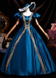 Retro Blue/Wine Red/Black Birthday Party Dress Lace O-Neck Short Sleeve Long Formal Prom Dress Theater Clothing