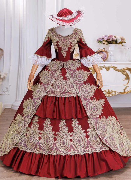 Renaissance Wine Red Rococo Masquerade Ball Gown Lace Embroidery Bell Sleeves Floor Length Formal Historical Dress for Halloween Christmas