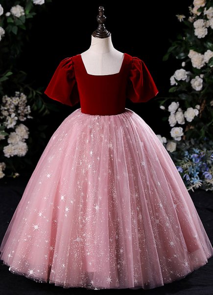 Children Vintage Burgundy Velvet Tulle Masquerades Party Dress