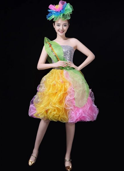Carnival Stage Women Tutu Short Dresses Leaf Petal Diagonal Shoulder Ball Gown