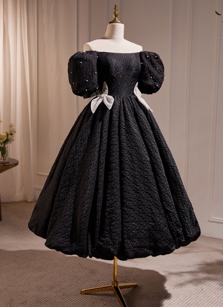 Black Off Shoulder Ball Gown Midi Sleeve Party Dress