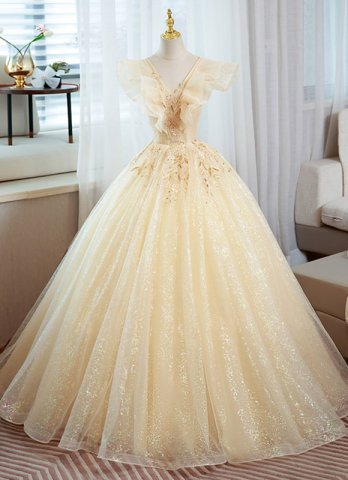 Champagne V-Neck Long Formal Dress with Ruffles Sleeve