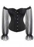 Black Satin Corset Top With Mesh Long Sleeves