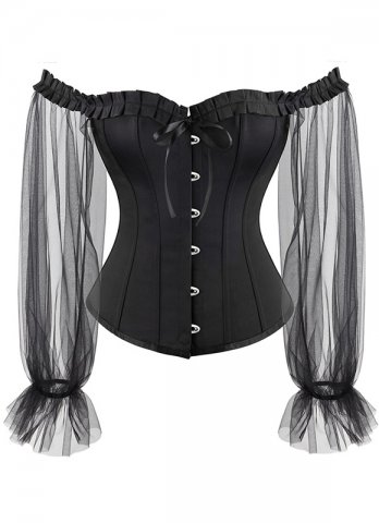 Black Satin Corset Top With Mesh Long Sleeves