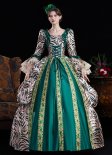 Women Green Brocade Zebra-Print Multi Layered Long Sleeve Carnival Inspired Ball Dress Theater Costume