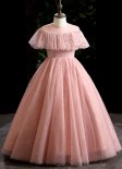 Flower Girl Sequin Ruffle Shoulder Pink Tulle Formal Prom Dresses