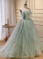 Off-the-Shoulder Sleeveless Sweep Train Sequins Light Green Formal Dress
