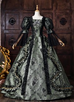 Vintage Dark Green Floral Brocade Baroque Gothic Victorian Dress Lace Puff Sleeves Floor Length Masquerade Costume