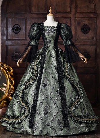 Vintage Dark Green Floral Brocade Baroque Gothic Victorian Dress Lace Puff Sleeves Floor Length Masquerade Costume