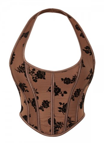 Black Brown Flower Printed Corset With Halter Strap