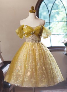 Yellow Jacquard Off-the-Shoulder Short Formal Dress