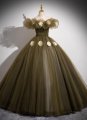 Deep Green Gorgeous Off Shoulder White Rose Applique Tulle Formal Dress