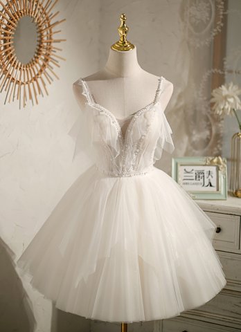 女性の結婚式の花嫁介添人スパゲッティストラップホワイトショートウエディングドレスボールガウンVネックショートフォーマルドレス